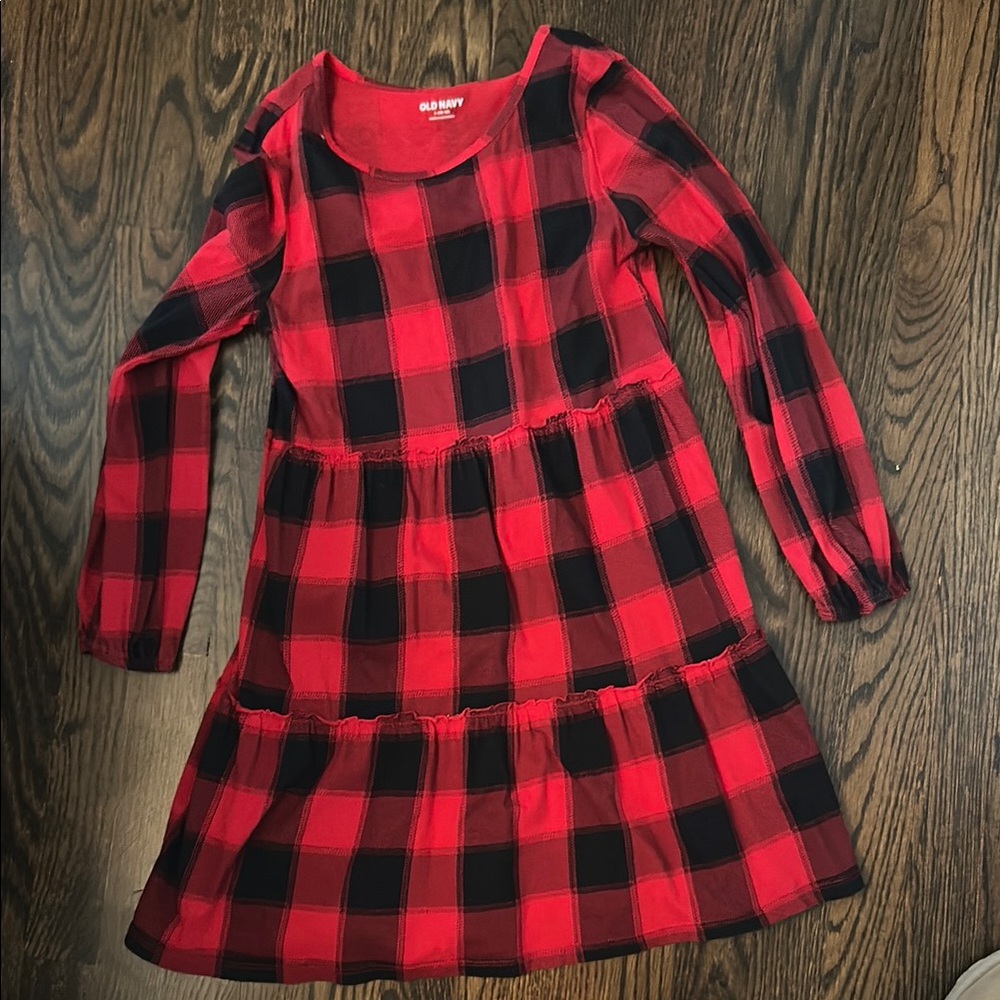 Old Navy Red and Black Buffalo Plaid Casual Tiered Dress